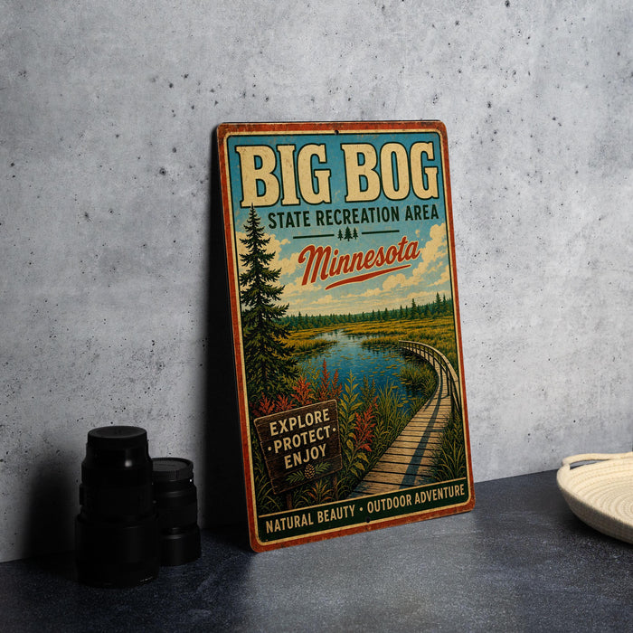 A vintage-style sign for the Big Bog State Recreation Area in Minnesota, featuring a scenic illustration of a wooden bridge over a river surrounded by pine trees and wildflowers.