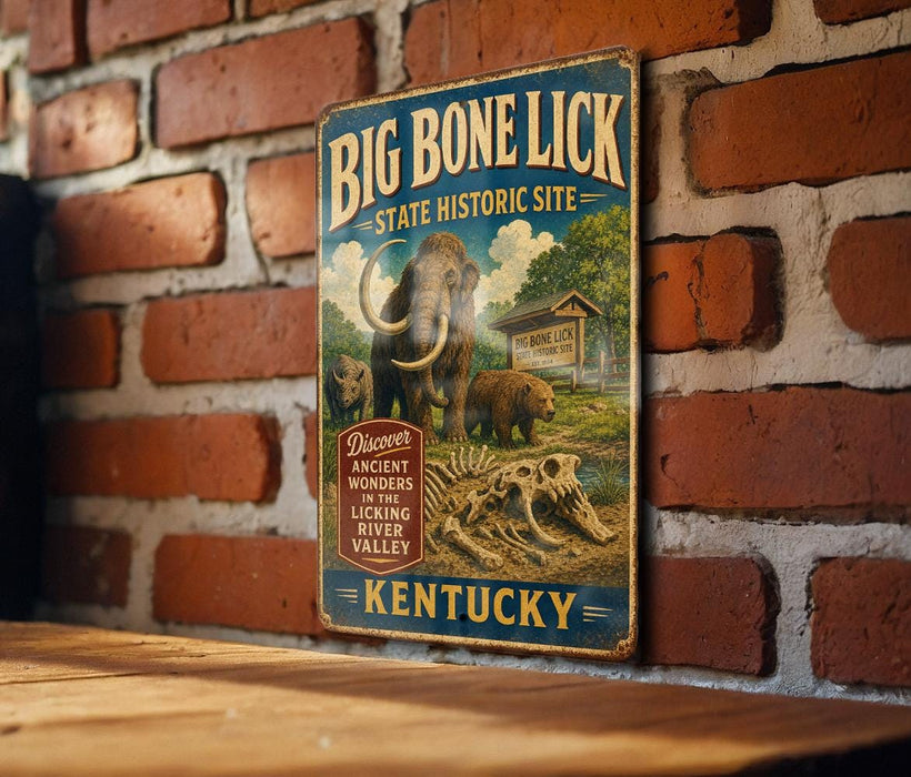 a vintage-style sign for the Big Bone Lick State Historic Site in Kentucky, with an illustration of a dinosaur and other prehistoric creatures.