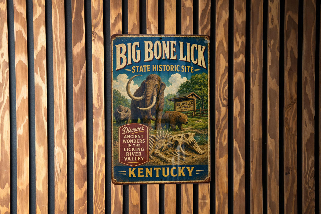 A vintage metal sign advertising the Big Bone Lick State Historic Site in Kentucky, featuring an illustration of a large elephant and a bear.