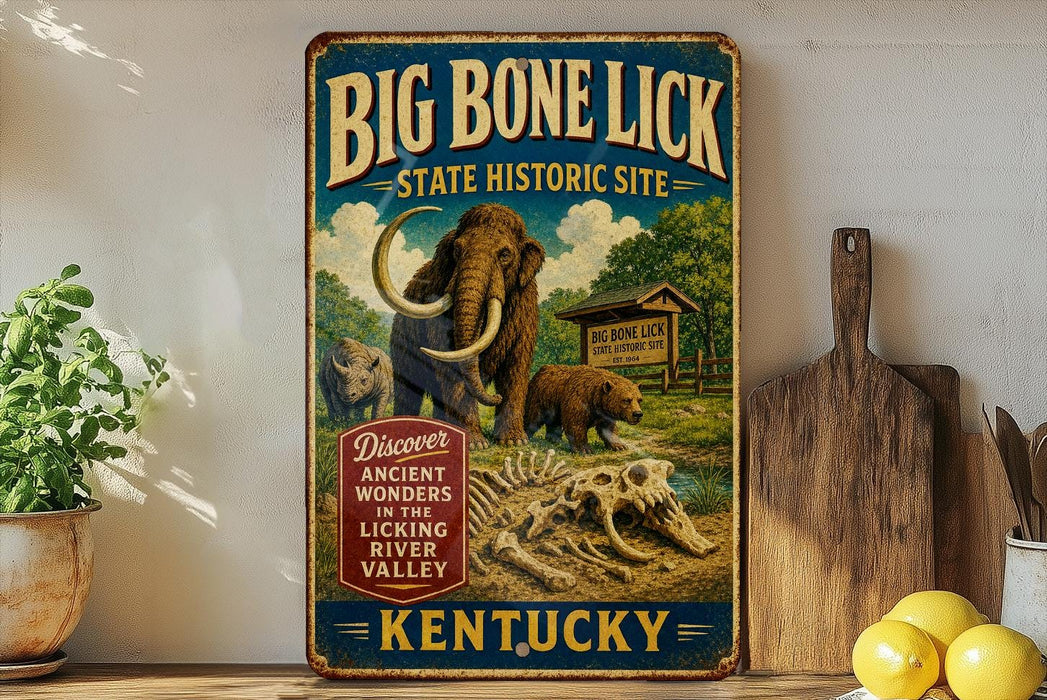 A vintage-style metal sign advertising the Big Bone Lick State Historic Site in Kentucky, featuring an illustration of a prehistoric scene with a large elephant, a bear, and a dinosaur.