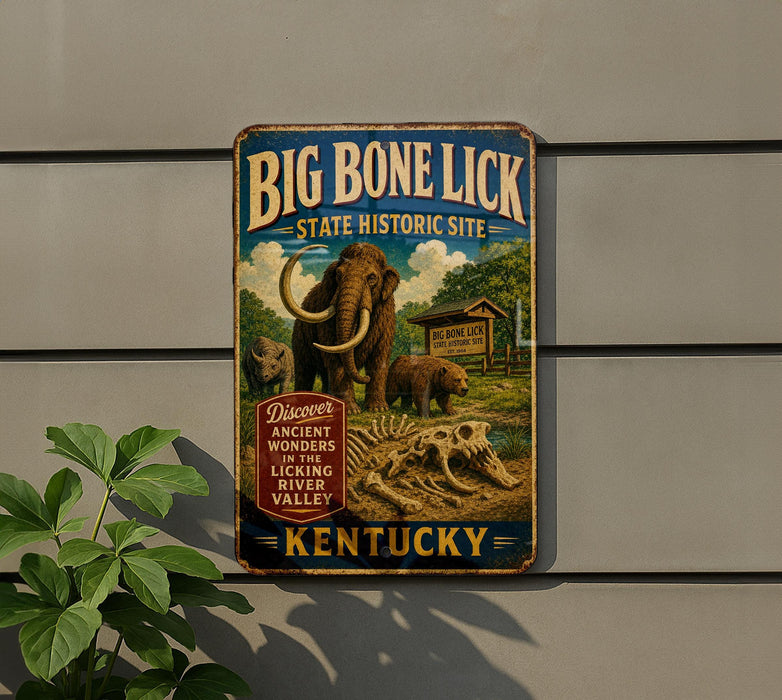 a vintage-style metal sign with a depiction of a large elephant and a bear, along with the text "Big Bone Lick State Historic Site" and "Kentucky".