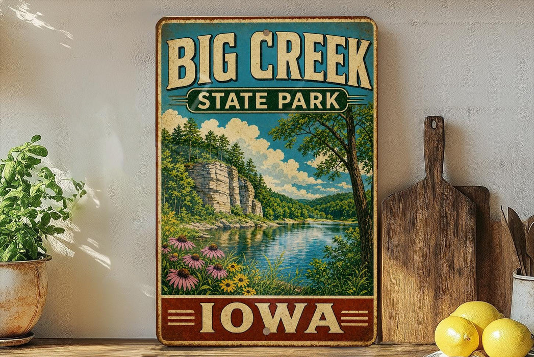 A vintage-style sign for Big Creek State Park in Iowa, featuring a scenic landscape with a lake, mountains, and flowers.