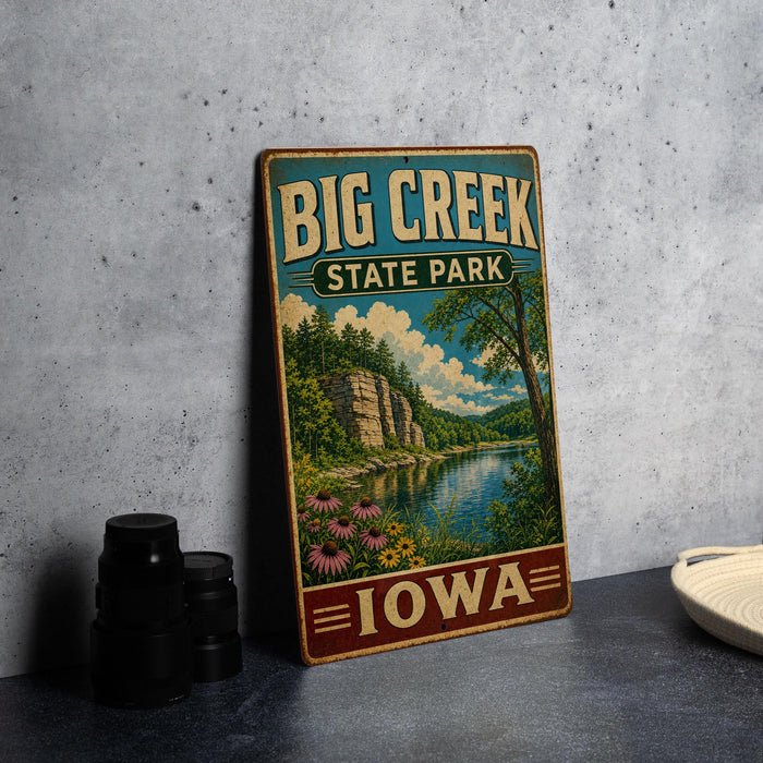 A vintage-style metal sign for Big Creek State Park in Iowa, featuring a scenic landscape with a lake, mountains, and flowers.