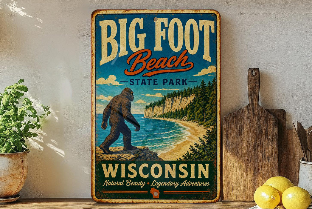 A vintage-style sign for Big Foot Beach State Park in Wisconsin, featuring a large Sasquatch figure and a scenic beach landscape.