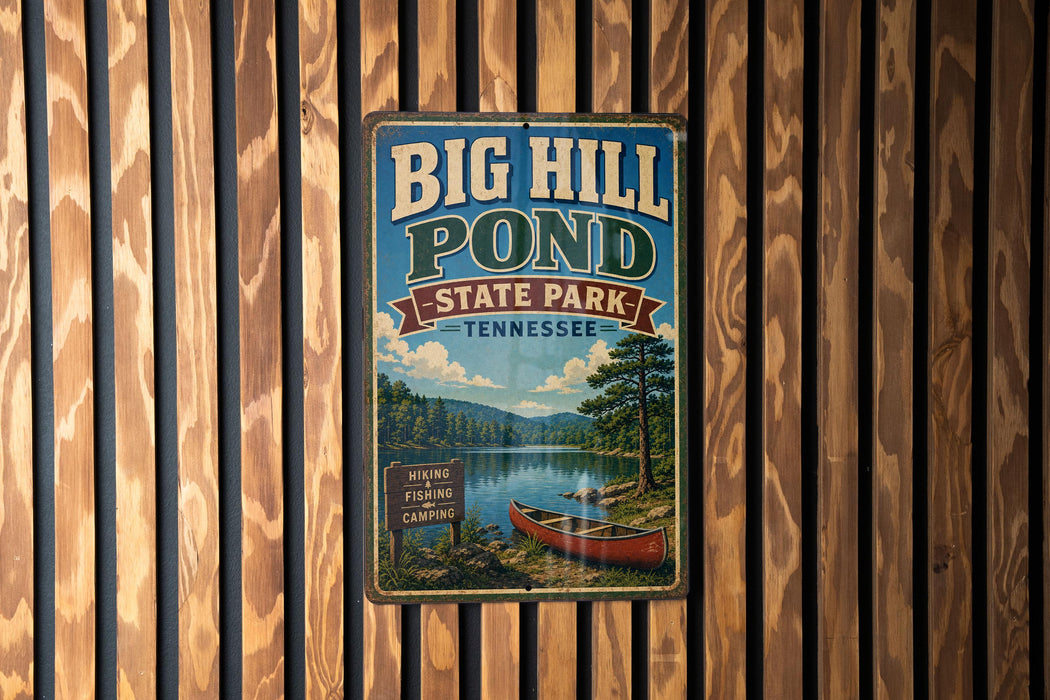 A vintage-style metal sign for Big Hill Pond State Park in Tennessee, featuring a scenic image of a lake and a canoe.