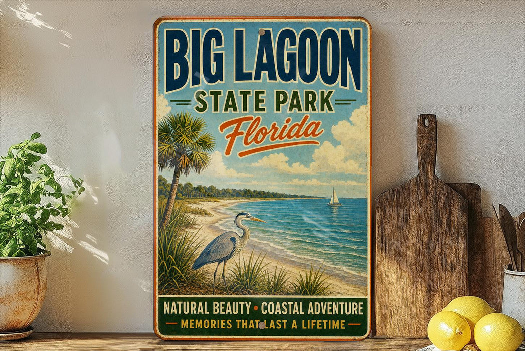 A vintage-style sign for Big Lagoon State Park in Florida, featuring a beach scene with a crane, palm trees, and a sailboat.