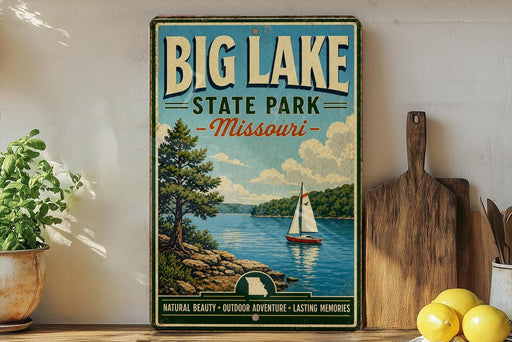 A vintage-style sign for Big Lake State Park in Missouri, featuring a sailboat on a lake surrounded by trees and mountains.