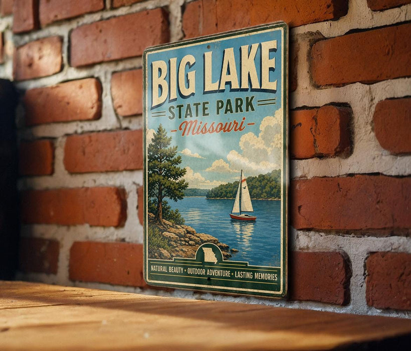A vintage-style metal sign for Big Lake State Park in Missouri, featuring a sailboat on a lake and a scenic landscape.