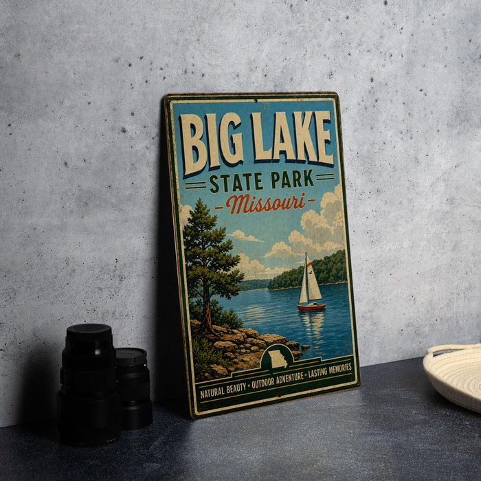 A vintage-style sign for Big Lake State Park in Missouri, featuring a sailboat on the lake and a scenic landscape.
