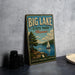 A vintage-style sign for Big Lake State Park in Missouri, featuring a sailboat on the lake and a scenic landscape.