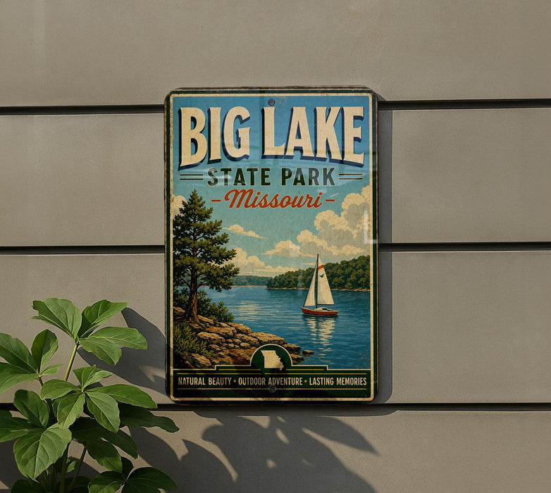 A vintage-style sign for Big Lake State Park in Missouri, featuring a sailboat on the lake and a scenic landscape.