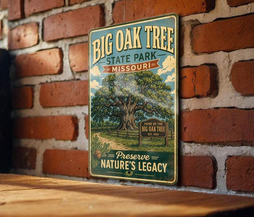 A vintage-style metal sign for Big Oak Tree State Park in Missouri, featuring an illustration of a large oak tree and a sign that reads "Home of the Big Oak Tree".