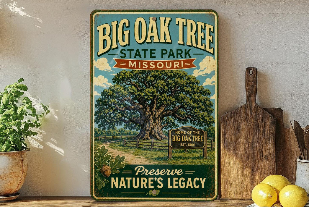 A vintage-style metal sign for Big Oak Tree State Park in Missouri, featuring a large oak tree and a wooden sign that reads "Preserve Nature's Legacy".