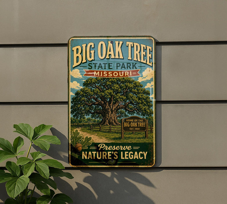 A vintage-style metal sign for Big Oak Tree State Park in Missouri, featuring a large oak tree and a sign indicating the park's location.