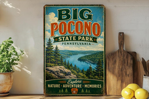 a vintage-style sign for Big Pocono State Park in Pennsylvania, with a scenic landscape of a lake and mountains in the background.