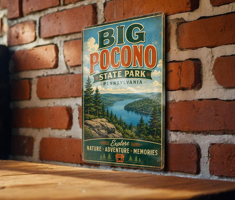 A vintage-style metal sign for Big Pocono State Park in Pennsylvania, featuring a scenic landscape with pine trees, a lake, and mountains.