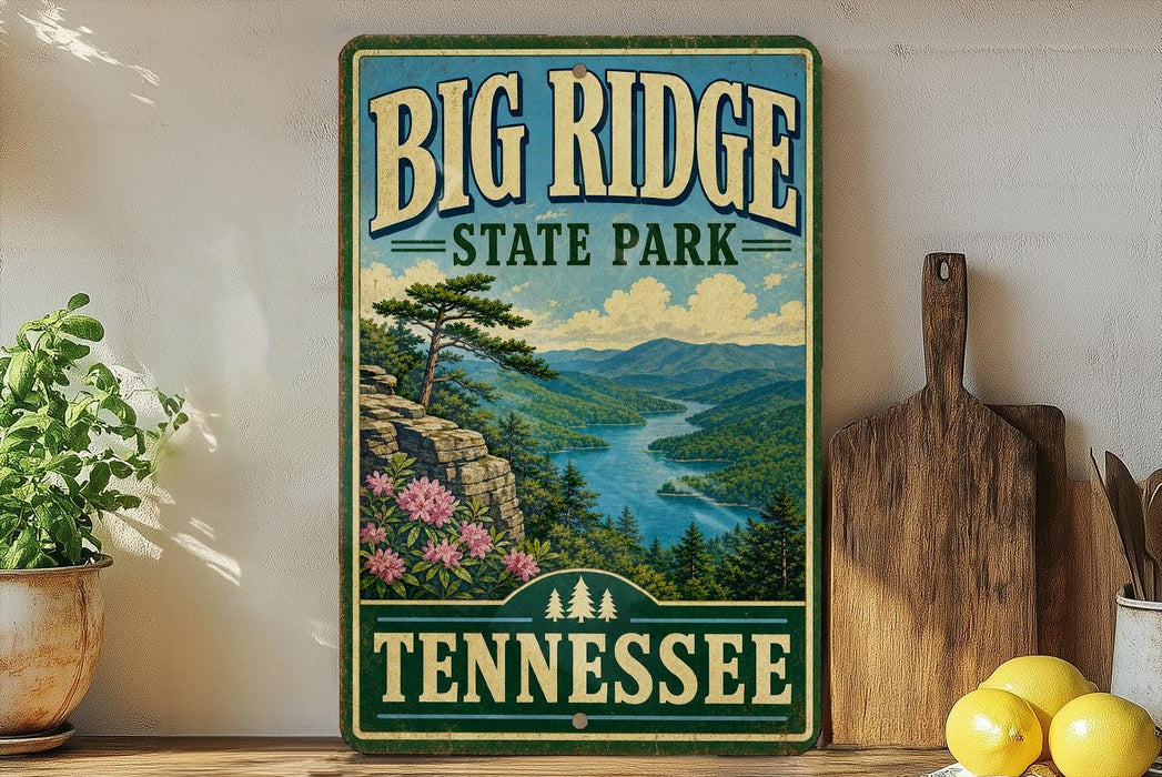 A vintage-style sign for Big Ridge State Park in Tennessee, featuring a scenic landscape with mountains, a river, and pine trees.