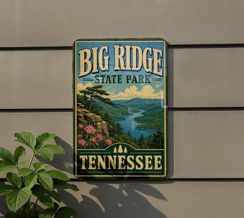 A vintage-style sign for Big Ridge State Park in Tennessee, featuring a scenic mountain landscape with a river and pine trees.