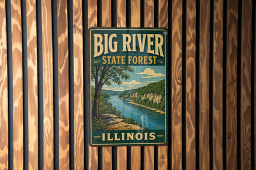 A vintage-style metal sign for the Big River State Forest in Illinois, featuring a scenic illustration of a river surrounded by lush greenery.
