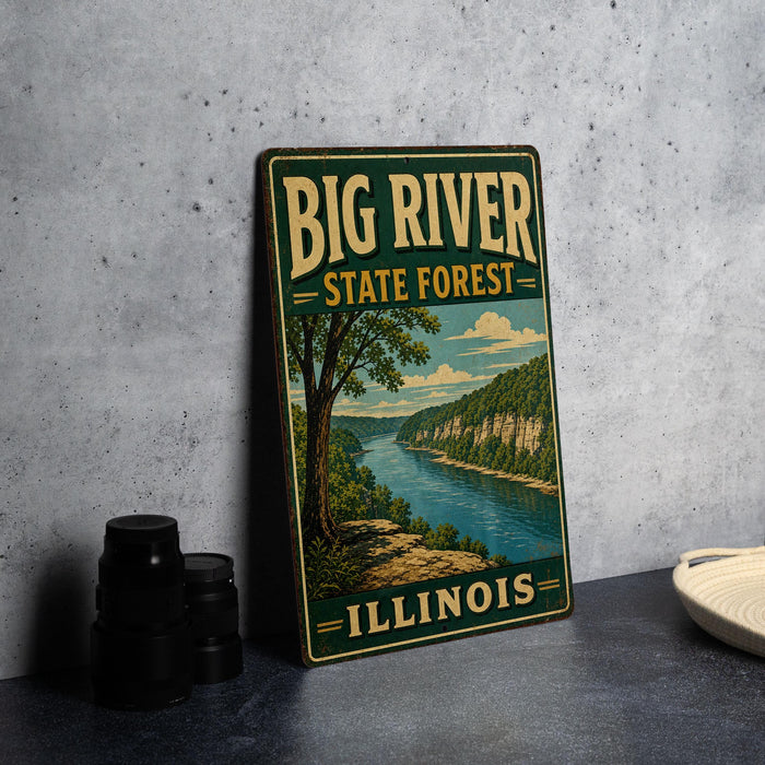A vintage-style metal sign for Big River State Forest in Illinois, featuring a scenic illustration of a river and forest landscape.