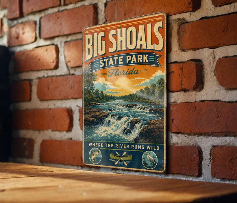A vintage-style metal sign for Big Shoals State Park in Florida, featuring a scenic illustration of a waterfall and lush greenery.