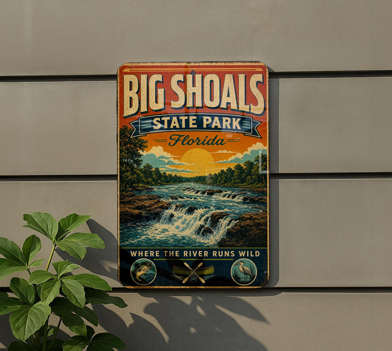 A vintage-style sign for Big Shoals State Park in Florida, featuring a scenic illustration of a river with waterfall and surrounding landscape.