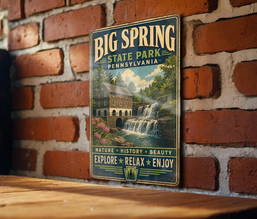 A vintage-style metal sign for Big Spring State Park in Pennsylvania, featuring a scenic image of a waterfall and a brick building.