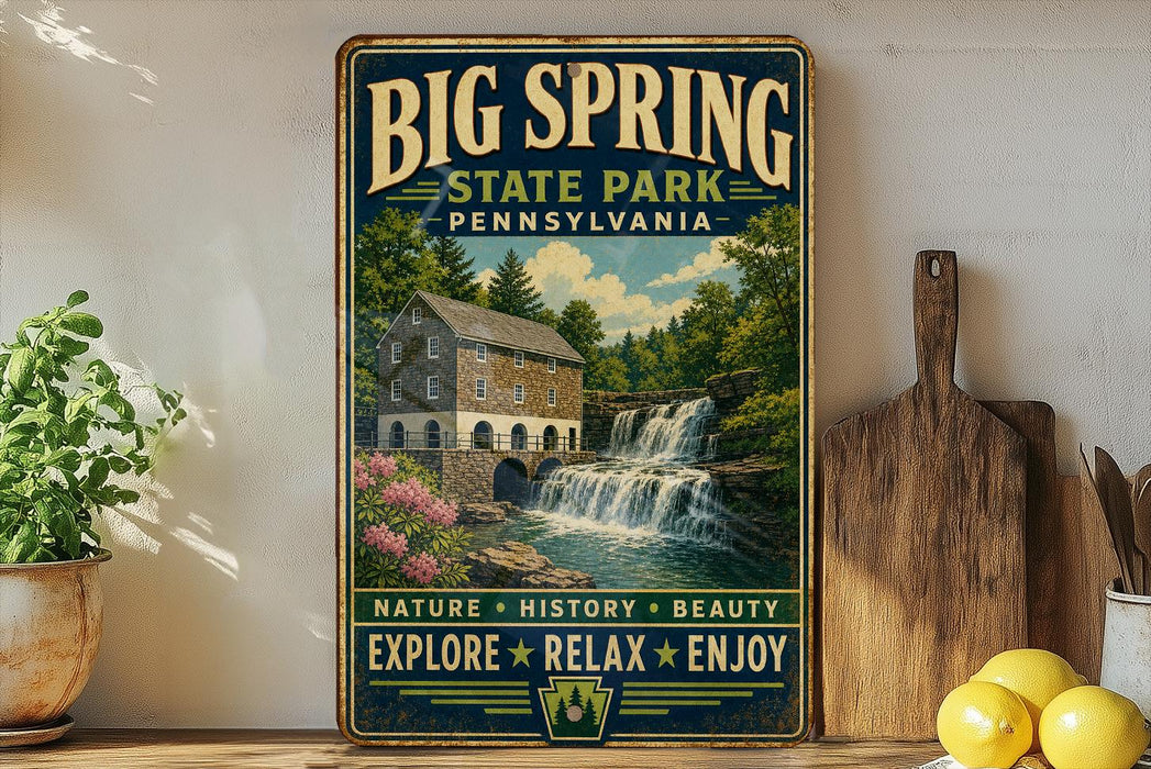A vintage-style sign for Big Spring State Park in Pennsylvania, featuring a scenic image of a waterfall and a house.