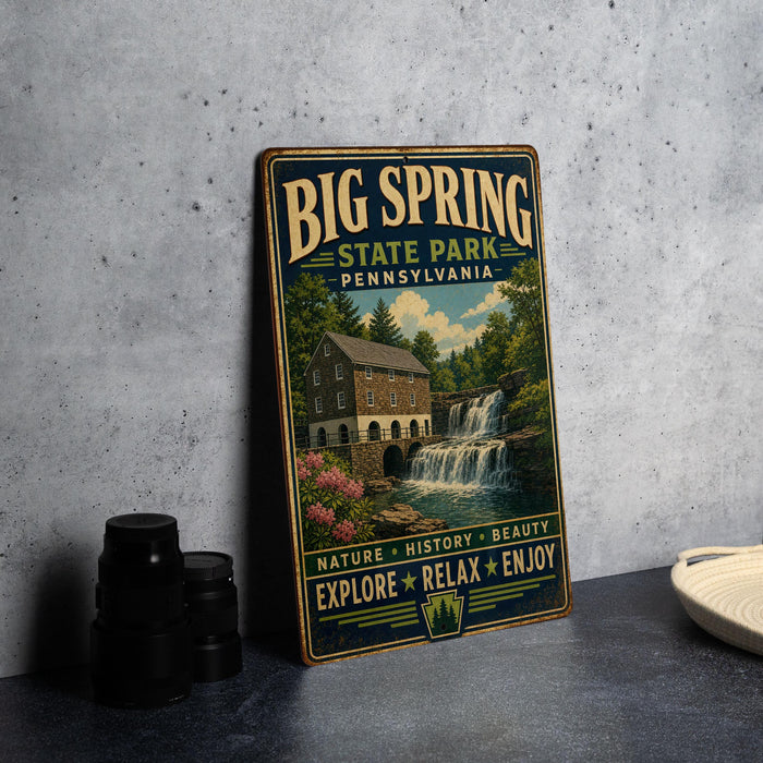 A vintage-style metal sign for Big Spring State Park in Pennsylvania, featuring a scenic illustration of a waterfall and a building.