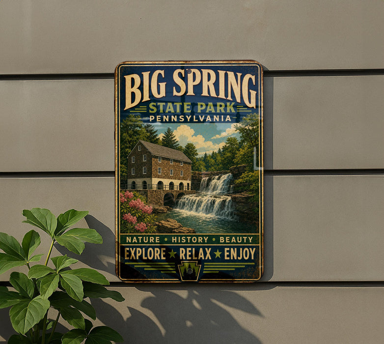 A vintage-style metal sign for Big Spring State Park in Pennsylvania, featuring a scenic image of a waterfall and a building.