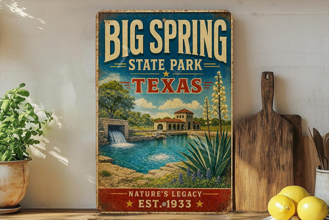 A vintage-style sign for Big Spring State Park in Texas, featuring a scenic illustration of a waterfall and a building, with the text "Big Spring State Park, Texas, Nature's Legacy, Est. 1933" displayed prominently.