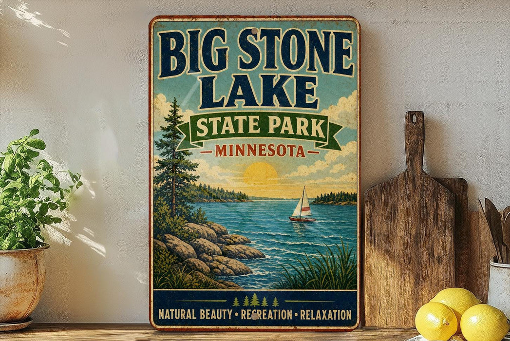 A vintage-style sign for Big Stone Lake State Park in Minnesota, featuring a scenic illustration of a lake, mountains, and a sailboat.