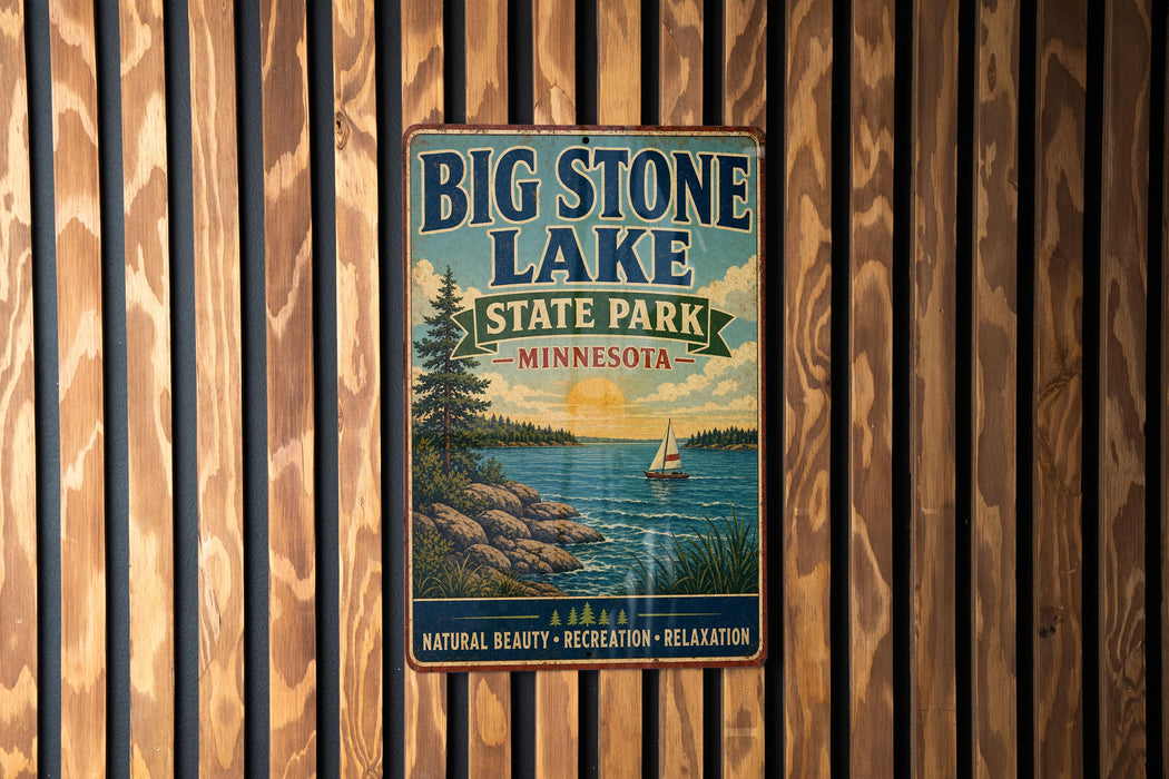 A vintage-style metal sign for Big Stone Lake State Park in Minnesota, featuring a scenic illustration of a lake, mountains, and a sailboat.