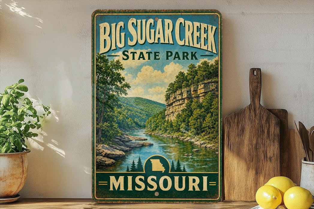 A vintage-style sign for Big Sugar Creek State Park in Missouri, featuring a scenic landscape with a river and mountains.