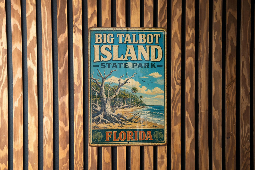 A vintage-style metal sign for Big Talbot Island State Park in Florida, featuring a tropical beach scene with palm trees and a large tree trunk.