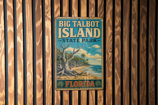 A vintage-style metal sign for Big Talbot Island State Park in Florida, featuring a tropical beach scene with palm trees and a large tree trunk.