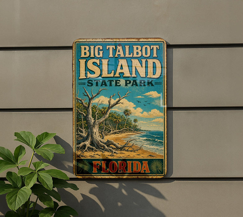 A vintage-style metal sign for Big Talbot Island State Park in Florida, featuring a tropical beach scene with palm trees and a large tree trunk.