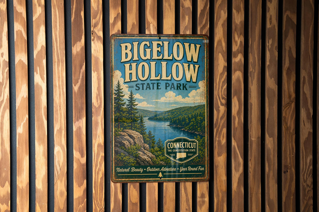 A vintage metal sign for Bigelow Hollow State Park, featuring a scenic landscape with a lake and mountains, mounted on a wooden wall.