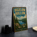 A vintage-style sign for Bigelow Hollow State Park, featuring a scenic landscape with pine trees, a lake, and mountains.