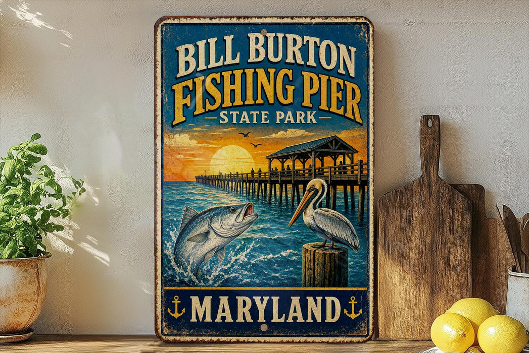 A vintage-style metal sign for Bill Burton Fishing Pier in Maryland, featuring an illustration of a fish jumping out of the water and a pelican perched on a wooden post.