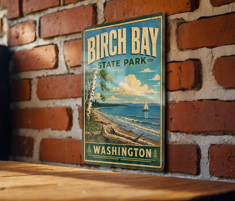 A vintage-style metal sign for Birch Bay State Park in Washington, featuring a scenic landscape with a sailboat on the water.