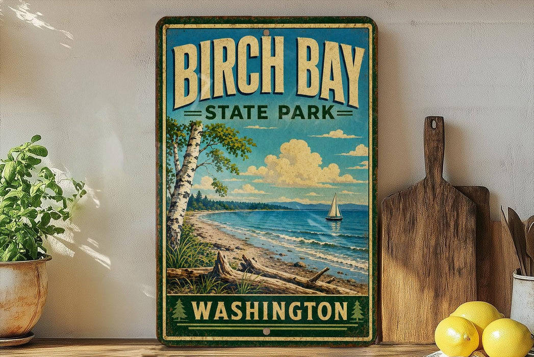 A vintage-style sign for Birch Bay State Park in Washington, featuring a scenic image of the bay with a sailboat and a tree.