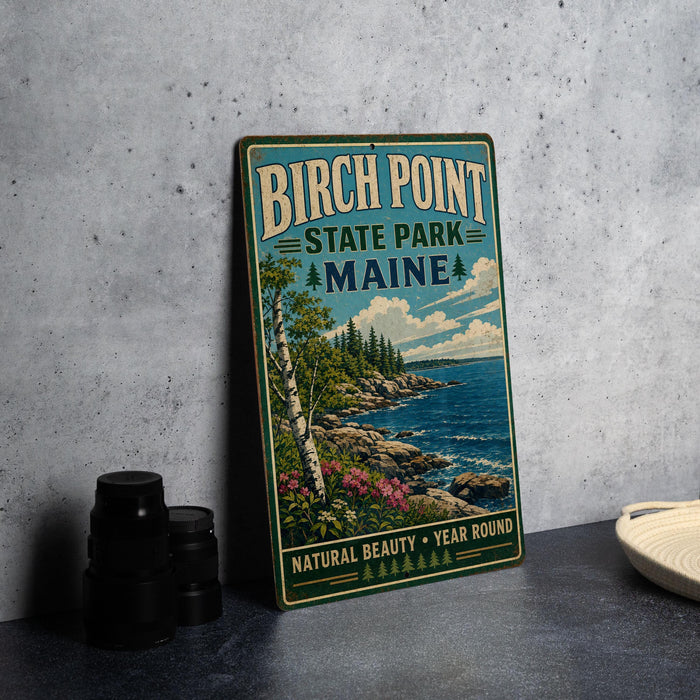 A vintage metal sign for Birch Point State Park in Maine, featuring a scenic landscape with a lake, trees, and mountains.