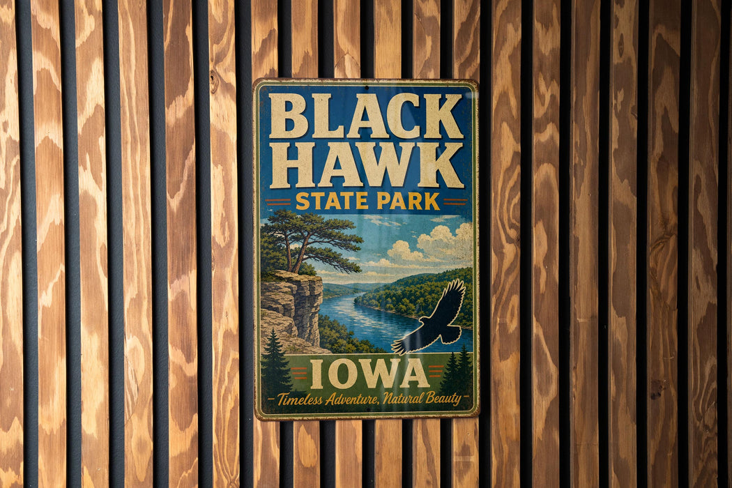A vintage-style metal sign for Black Hawk State Park in Iowa, featuring a scenic landscape with a river, cliffs, and a bird in flight.