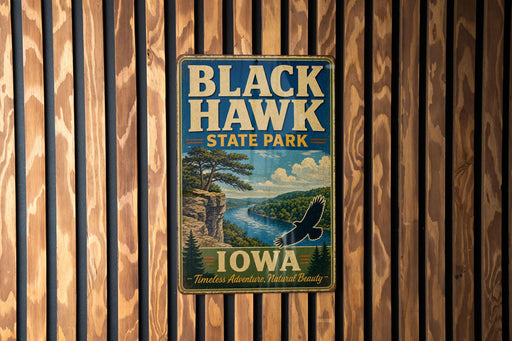 A vintage-style metal sign for Black Hawk State Park in Iowa, featuring a scenic landscape with a river, cliffs, and a bird in flight.