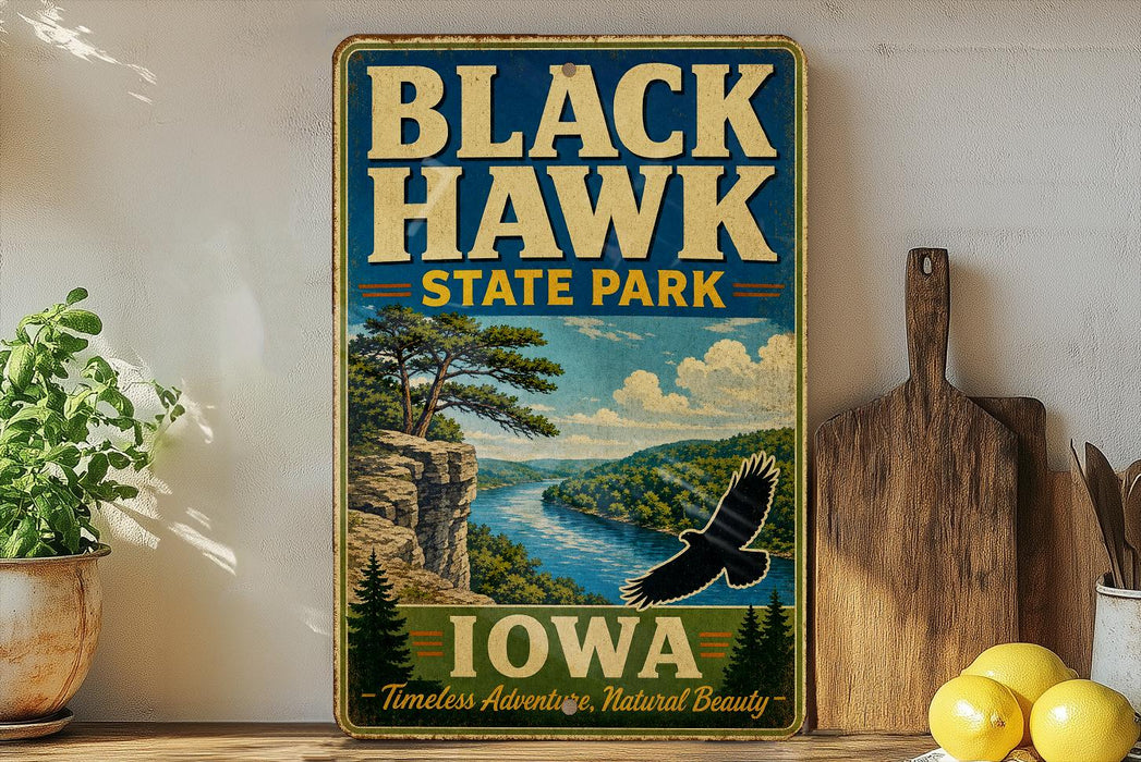 A vintage-style sign for Black Hawk State Park in Iowa, featuring a scenic landscape with a river, cliffs, and a bird in flight.