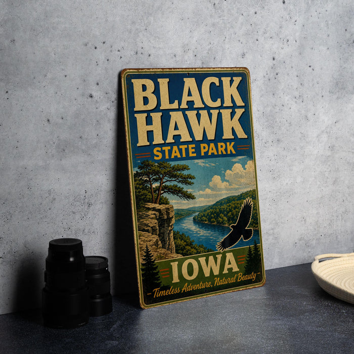 A vintage-style metal sign for Black Hawk State Park in Iowa, featuring a scenic landscape with a river, trees, and a bird in flight.