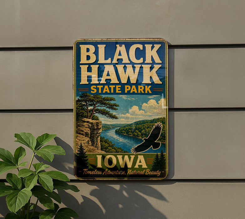 A vintage-style sign for Black Hawk State Park in Iowa, featuring a scenic landscape with a cliff, river, and bird in flight.