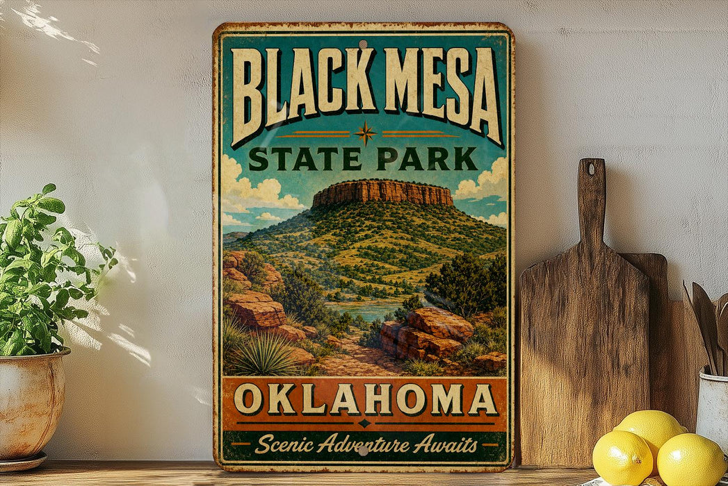 A vintage-style sign for Black Mesa State Park in Oklahoma, featuring a scenic mountain landscape with a river and desert terrain.