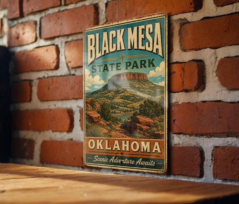 A vintage-style metal sign for Black Mesa State Park in Oklahoma, featuring a scenic landscape with mountains and a river.
